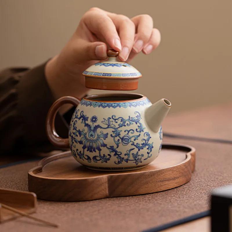 Chinese Ru Kiln Ceramic Teapot Gaiwan Traditional Handmade Blue and White Tea Pot Beauty Tea Infuser Kettle Household Teaware
