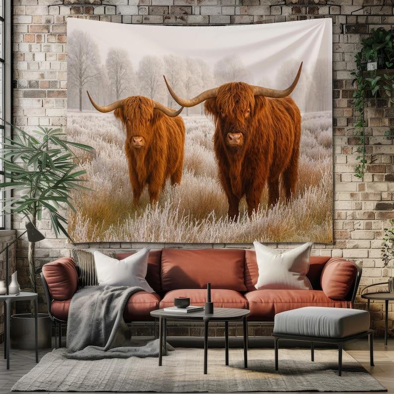 Highland cattle, rural farmhouse, Scottish cattle tapestry 75x100 чёрный