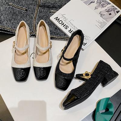 2024 Spring Shallow Mouth Soft Sole Mid Heel Square Head Large Women's Shoes Thick Heel Single Shoes Women's