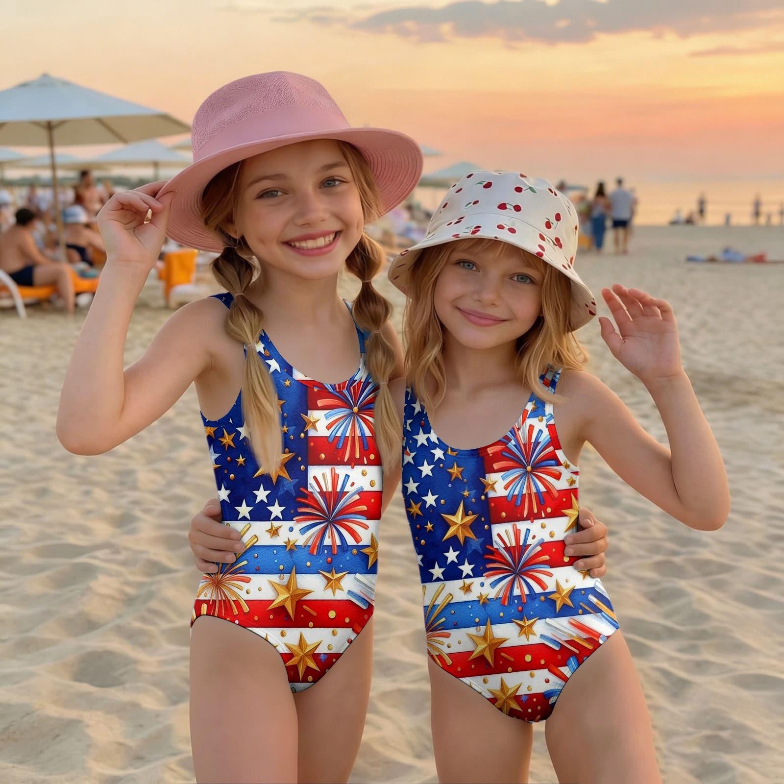 

Girls One Piece Swimsuit Independence Day Print Sleeveless Backless Swimwear for Kids Summer Beach Pool Wear 140