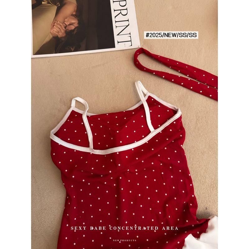 Kumikumi Niche Design Sense Polka Dot Patchwork Cami Women clothes Summer Frill Slimming Versatile Top