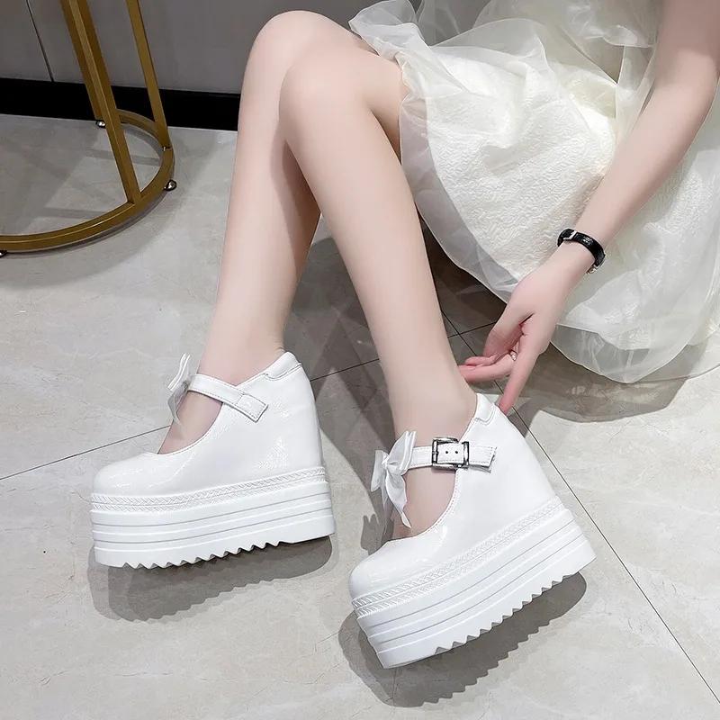 Mode 12,5CM Plateau Hohe Wedges Damen Pumps Sneakers Lässig Gothic Stil Punk Schnürung Schnalle Schwarz Schmetterlingsknoten Damenschuhe