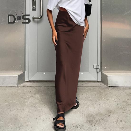 Women Satin Skirt High Waist Midi Long Skirt Slim Wrap Hip A-line Faux Silk Skirts for Spring Summer Streetwear