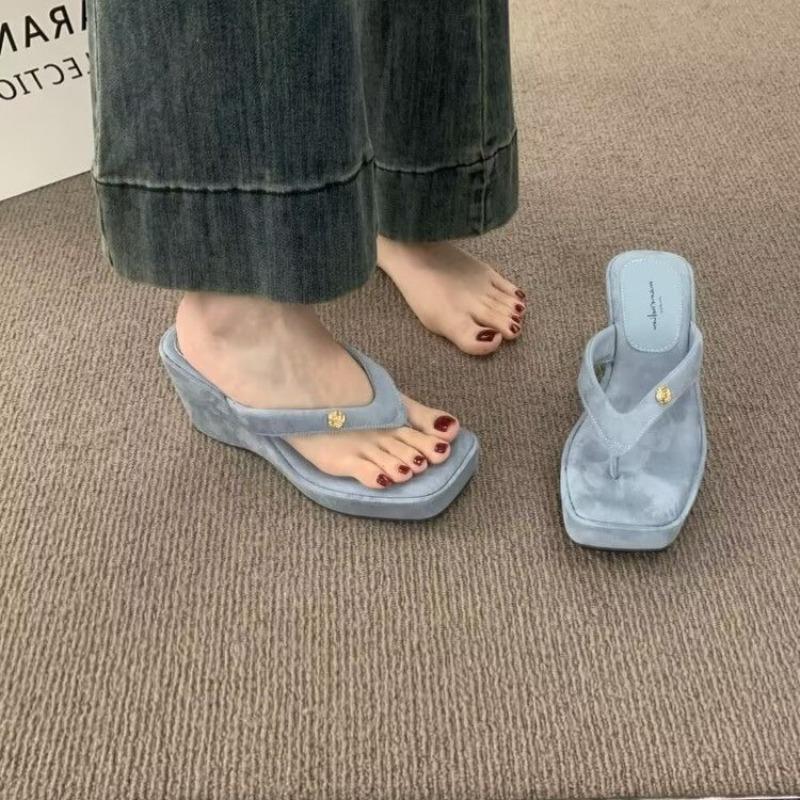 Fashion Fashion Square Clip Toe Platform Sandals Woman Chic Denim Wedge Flip Flops Ladies Summer Street Style Thick High Heel Slippers