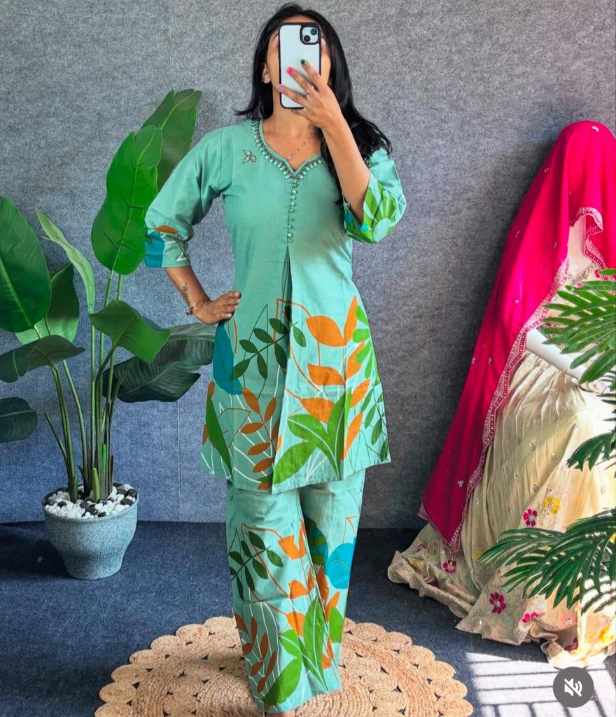 Indian Women Designer Cotton Flex Kurta Pant Cord Set Party Wear Top Tunic Kurti Dress