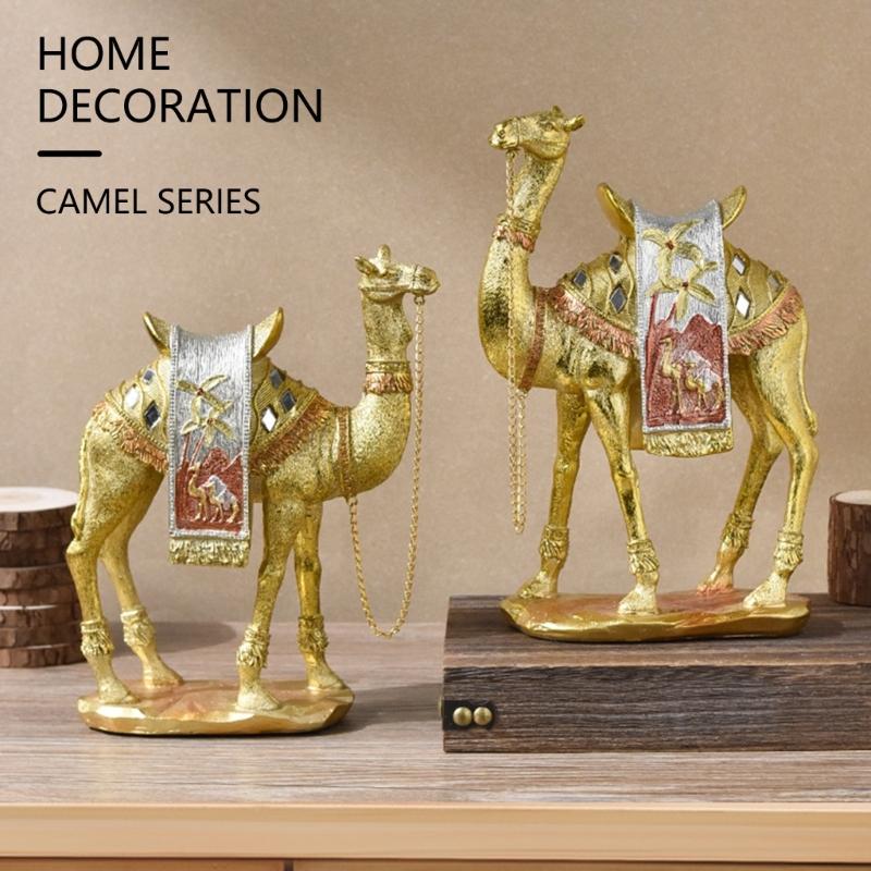 Artistic Camels Sculpture Resins Middle Eastern Ornament Gold Desert Animal Figurine for Living Room and Office Display