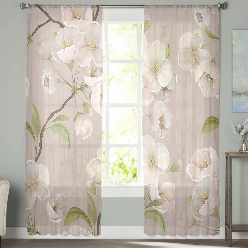 Spring Brown Background Peach Blossom Tulle Curtains Living Room Home Decor Window Curtain Kitchen Voile Sheer Made Of Polyester Sitting