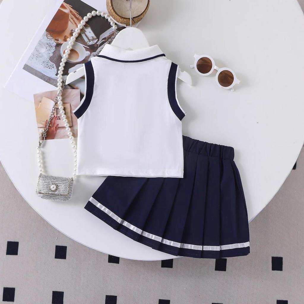 Ensemble de mode pour filles: Ensemble Deux Pièces Été Enfant Haut Sans Manches à Col Rond + Jupe Plissée