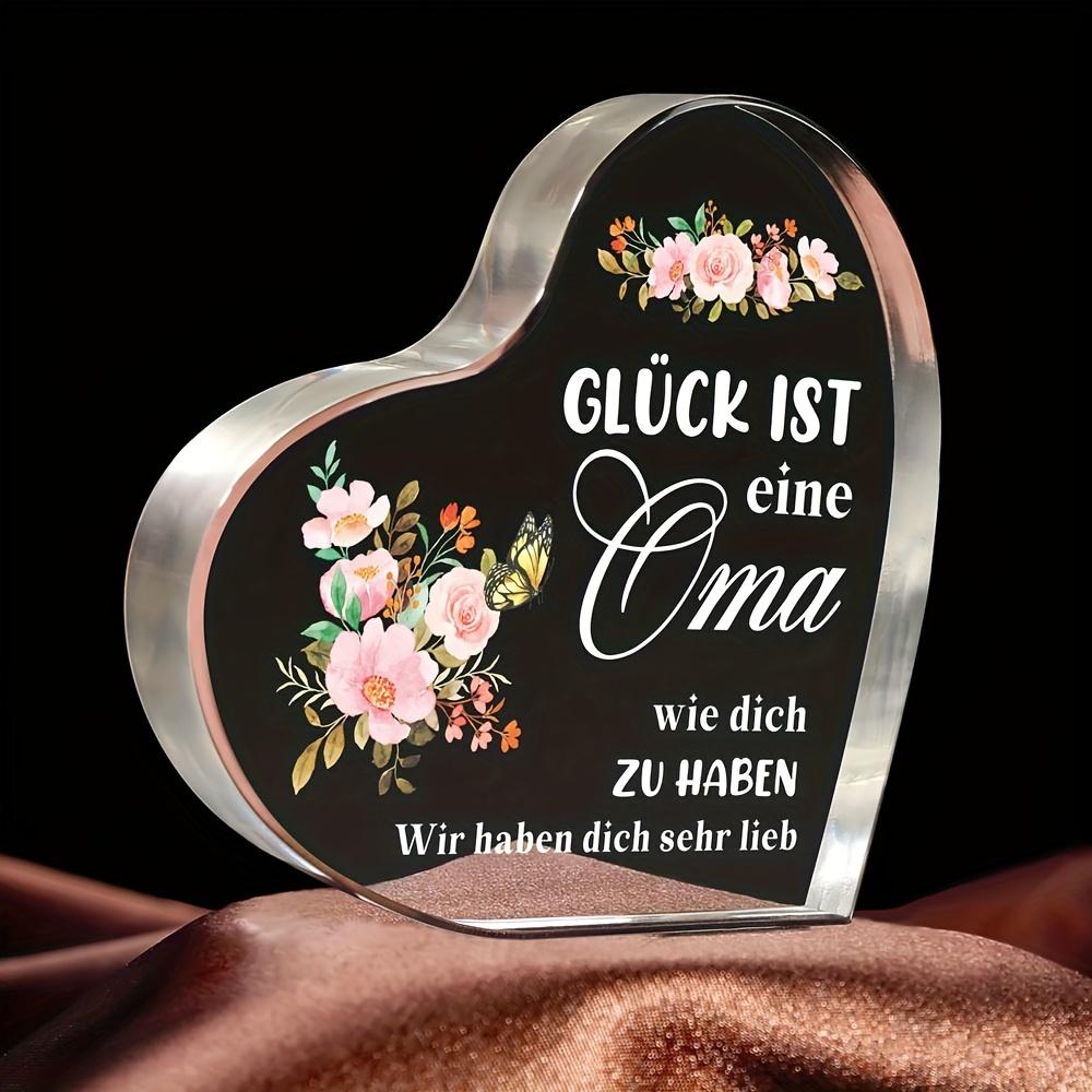 2D Flat, 1pc Heart-Shaped Acrylic Keepsake Ornament with Floral Design & Engraved Message - "Gluck Ist Eine Sprache, die wir alle Sprechen" - Perfect