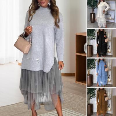 Vestido de Otoño Invierno para Mujer de Dos Piezas Patchwork Bajo Irregular de Malla Cuello Medio Alto Línea A Vestido Midi Manga Larga Decoración de Cremallera Vestido de Fiesta