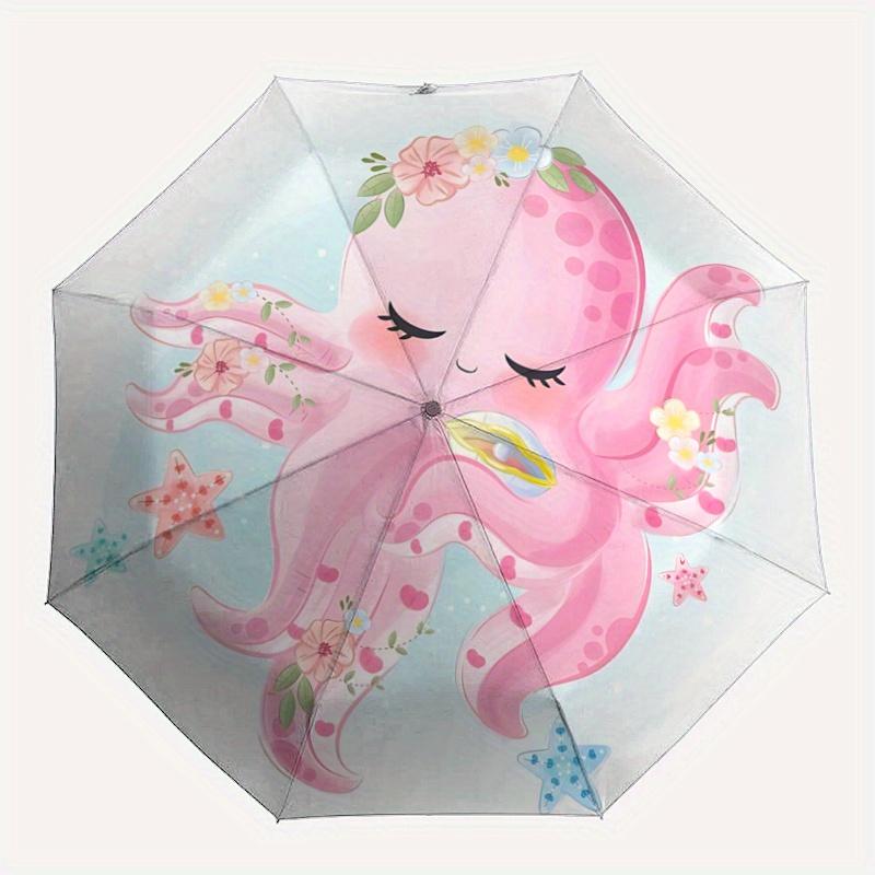 1pc Cute Pink Octopus with Flowers - Automatic Opening Umbrella, Portable 3-Fold Design, 8-Rib Outdoor Umbrella, Festival Gift for Fans, Traveler