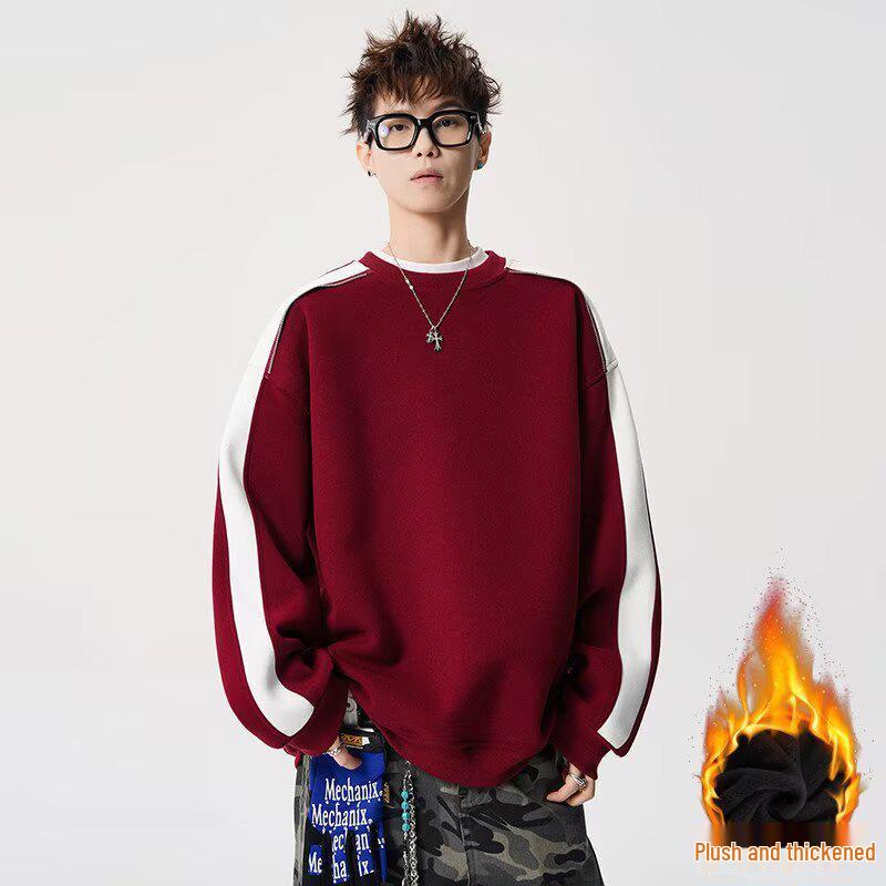 

Men s American Retro Color Block Fleece Hoodie - Trendy Winter Warm Base Layer Design Casual Top L