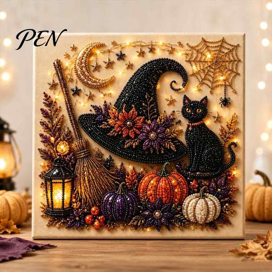Halloween Faux Pearl Art Kit DIY Kit, Spooky Cute 3D Diamond Painting Craft Projects for Adults Craft, Witch Black Cat Pumpkin Ghost Wall Adults,