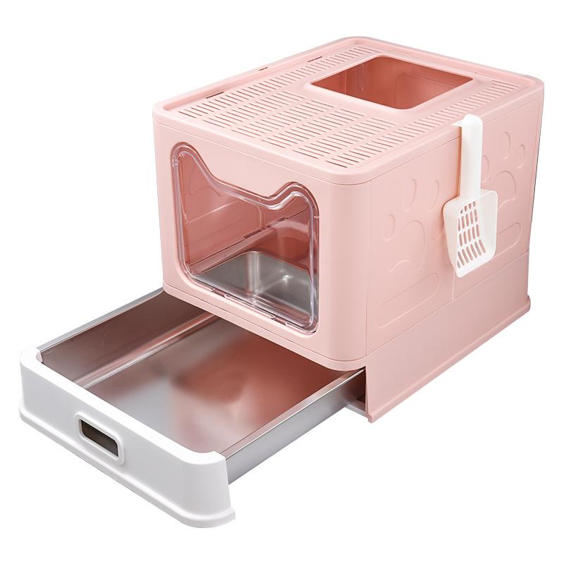 

Fully Enclosed Folding Cat Litter Box Easy To Clean Stainless Steel Large Cat Toilet Drawer Design Pet Supplies Products