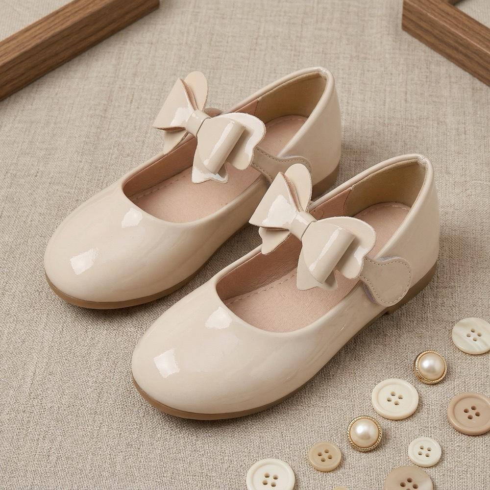 French White/Burgundy Bow Niche Flat Princess Shoes: Girls Small Leather Shoes 28 грязно-белый