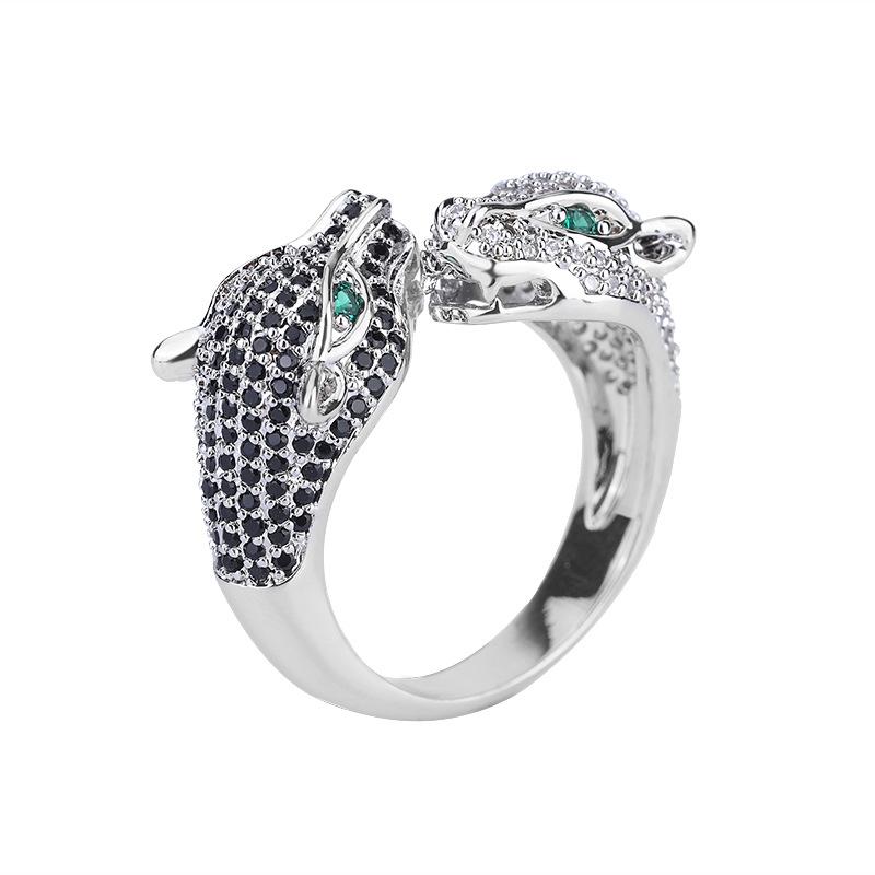 Jewelry Copper Bottom Gold-Plated Retro Full Diamond Luxury Inlaid Leopard Temperament Light Luxury Adjustable Ring