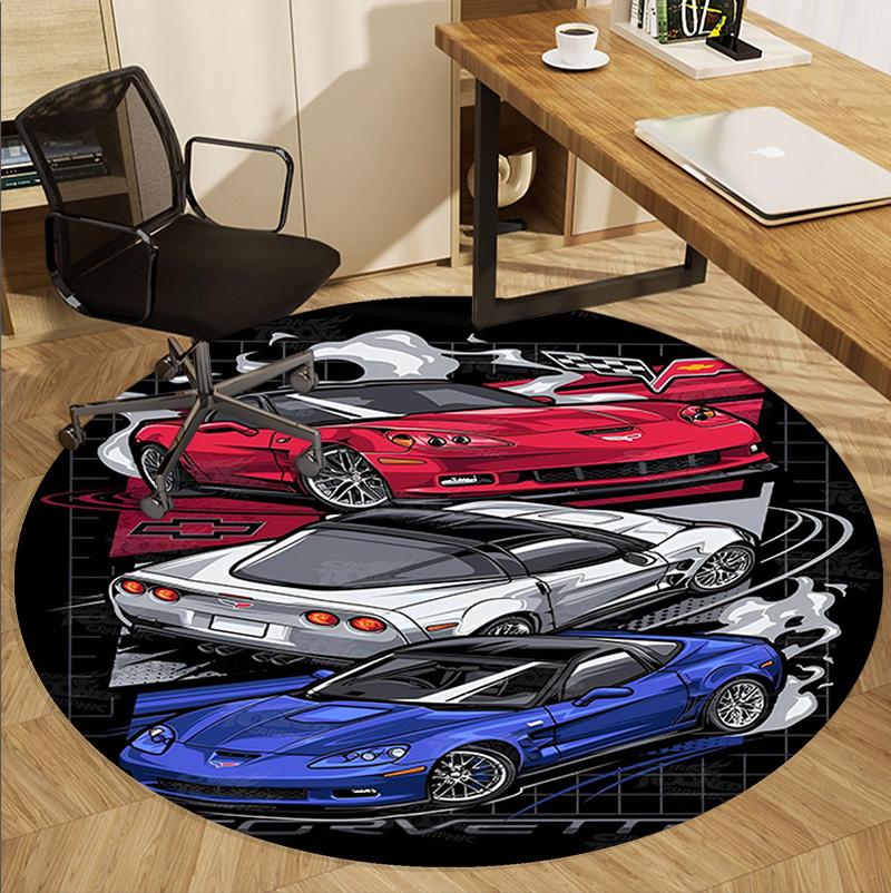 Chevrolet Corvette Desenli Yuvarlak Halı, İç/Dış Mekan Paspası, Piknik, Oyun Odası, Yatak Odası, Ofis, Oturma Odası, Ev Dekorasyonu Halısı, Doğum Günü Hediyesi