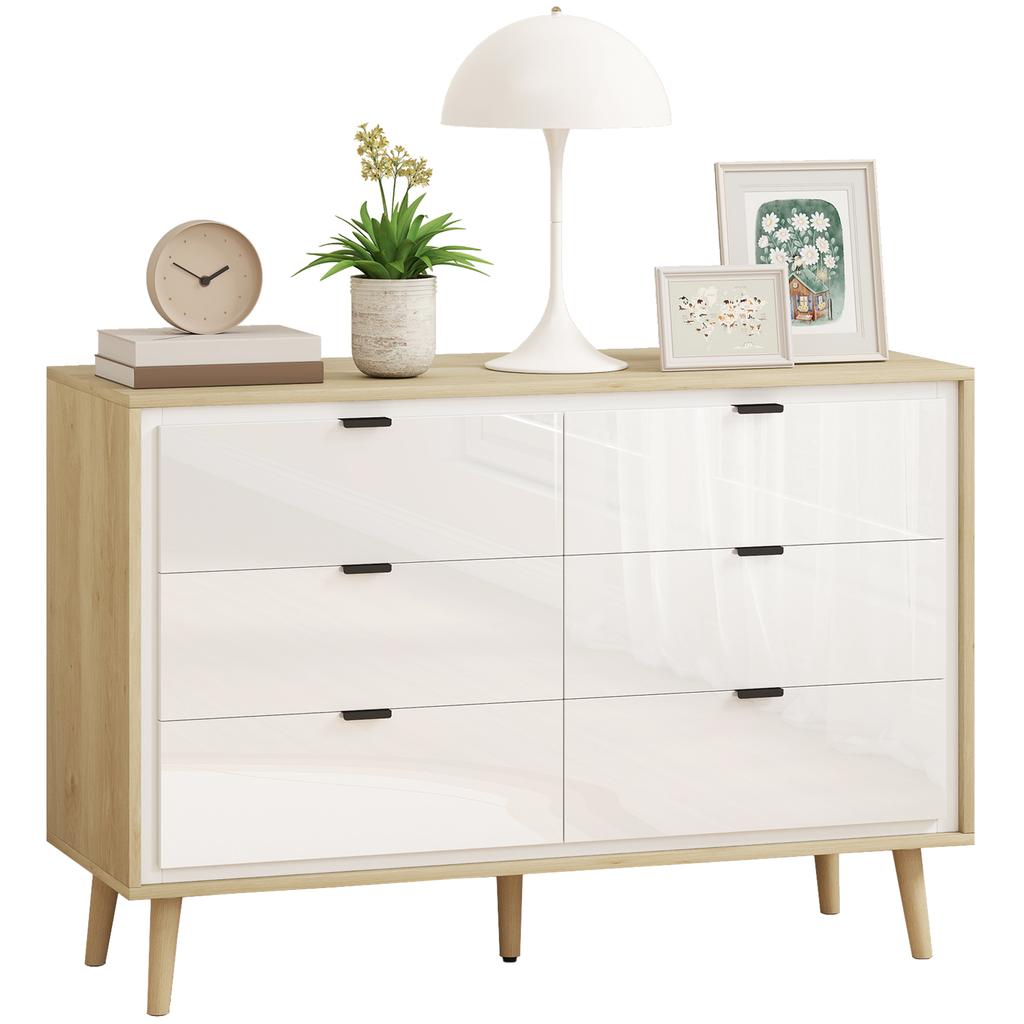 Storage Cabinet, Chest of Drawers with 6 Drawers and 5 Legs for Bedroom, High Gloss White