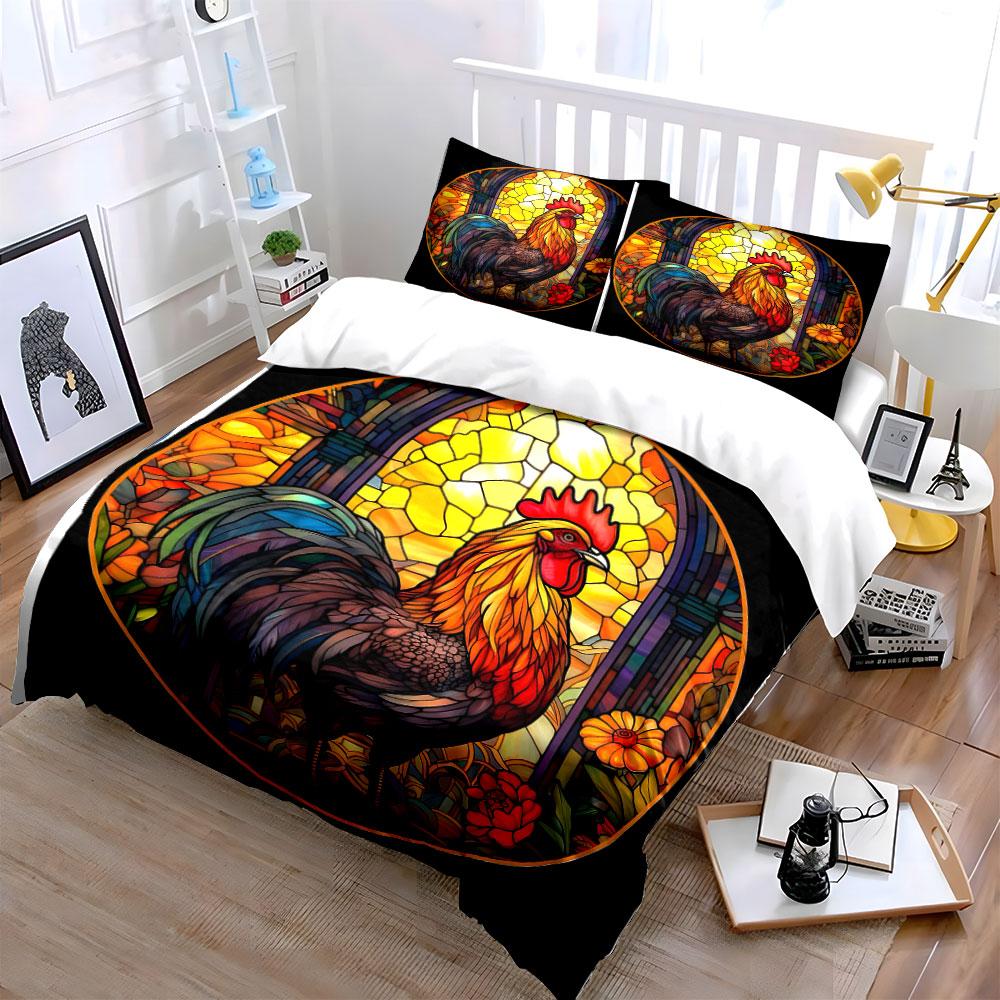 Colorful Rooster Stained Glass Decor Soft Comfortable Duvet Cover Bedding Set Included 1*Duvet Cover & 2*Pillowcases, Gift
