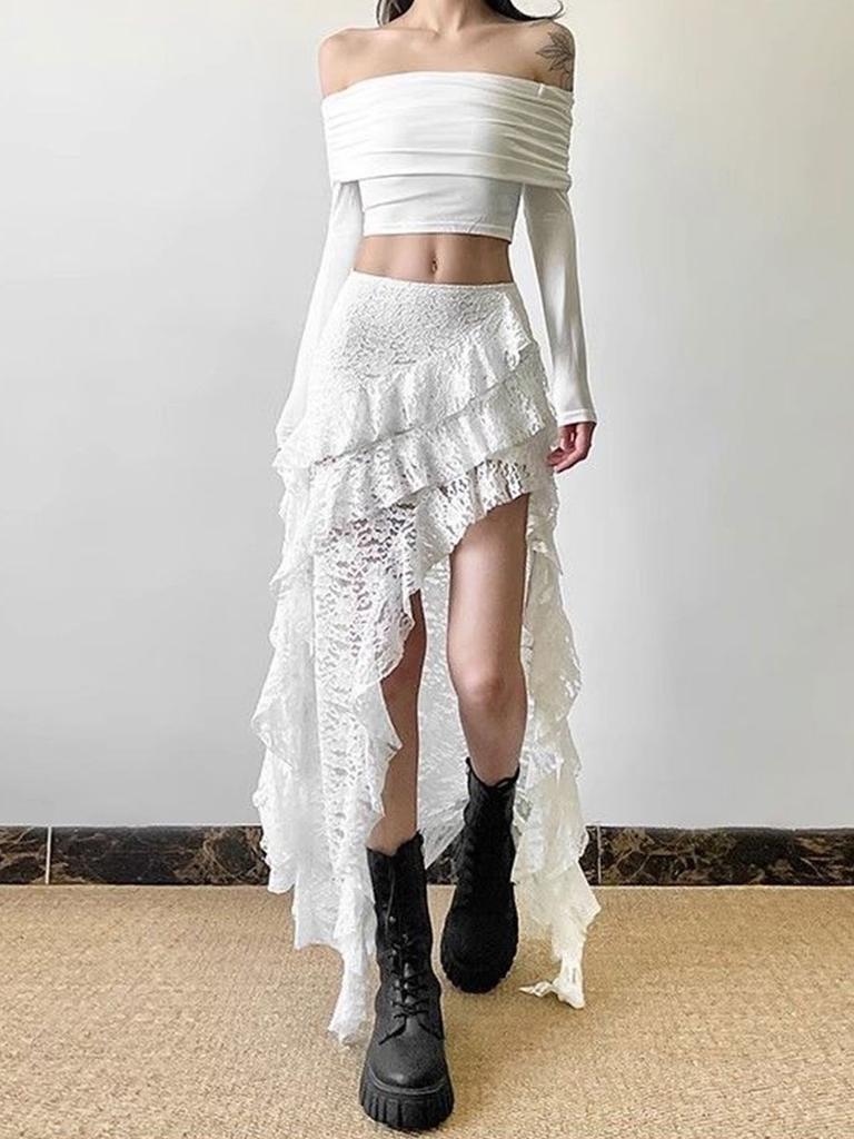 Women's Lace Spliced Skirts Black High Waist Ruffle Irregular Long Skirt Gothic Style Streetwear Summer