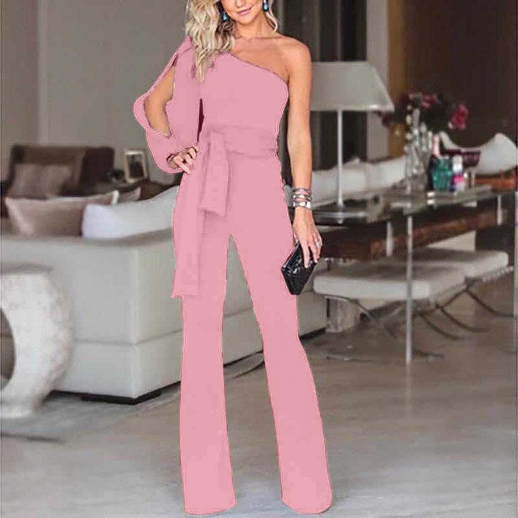 Women's One Shoulder High Waist Tie Solid  Long Sleeve Slim Sexy Jumpsuit