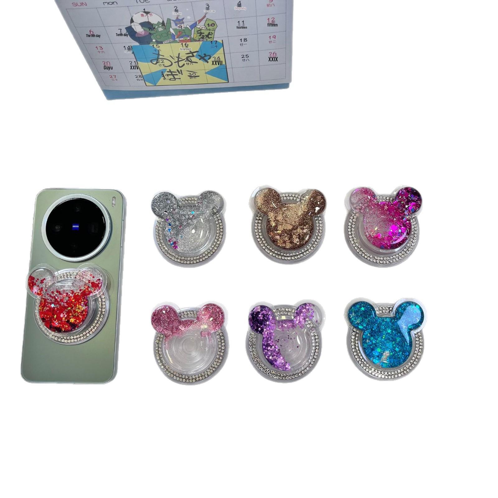 Mickey PC Liquid Sand Glitter Magnetic Phone Holder with Rhinestone Decoration Rose Red Mickey Rhinestone Magnetic
