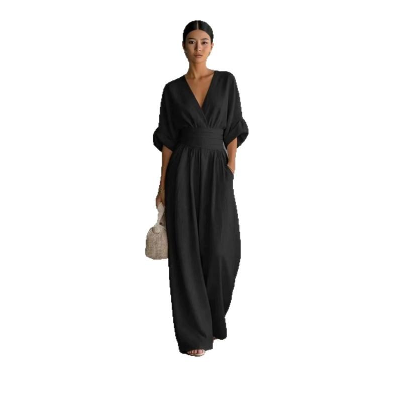 2026 Elegant V-Neck High-Waist Wide-Leg Jumpsuit Women Slimming Fit Casual Office Wear