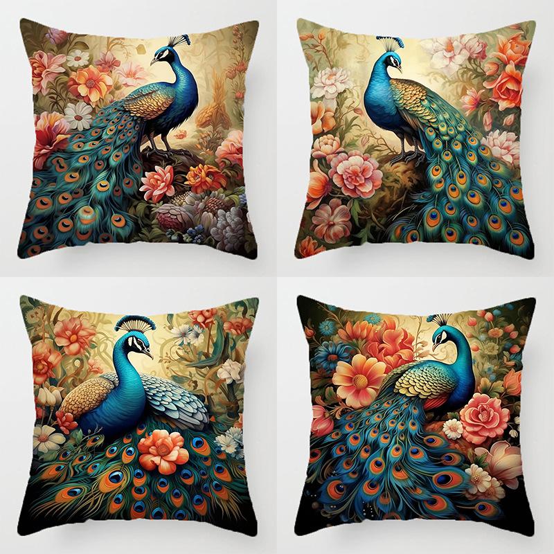 Retro Pfauenblumenmuster Kissenbezug für Wurfkissen mit Kurzplüschdruck Wohnzimmer Sofa Dekoration Kissenbezüge