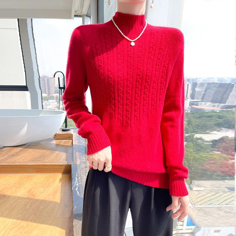 Thickened Half-high Neck Sweater for Women In Autumn and Winter New Skin-friendly and Warm Twisted Flower Cashmere Knitted Sweater Base Shirt