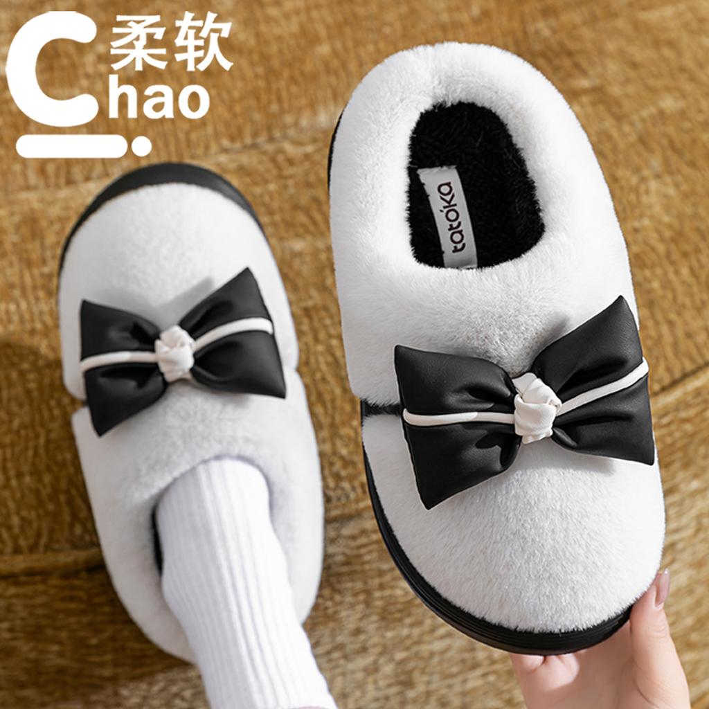 Cotton slippers thick-soled indoor household cartoon cute bow slippers winter bag heel warm home cotton shoes high heel