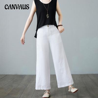 Plus Size Zomer Damesbroek Literair Losse Effen Kleur Katoen Linnen Elastische Taille Rechte Broek Casual Broek