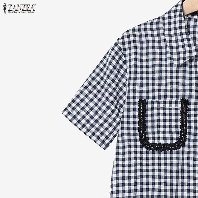 ZANZEA Women Short Sleeve Blouse and Long Skirts Plaid Print Two Piece Suit Sets