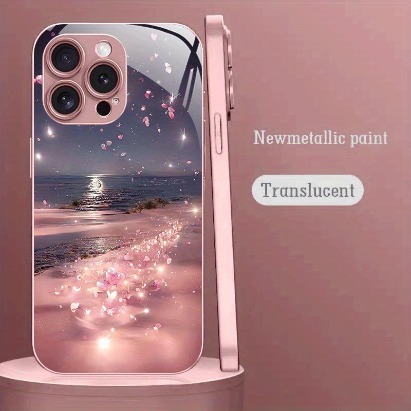 Růžový Květ Stříbrný Plážový Vzor Metalická Barva Skleněné Pouzdro na Telefon Pro iPhone 17 16 15 14 13 12 11 Pro Max 15 Plus 17Air 16E Kryt