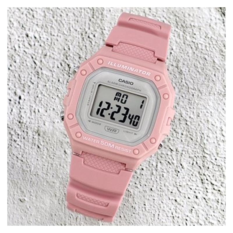 Casio DIGITAL Series - Square Fashionable Sports Waterproof Quartz Movement Resin Strap Japanese and Korean Watch Women's Watch Pink Dial W-218HC-4AV
