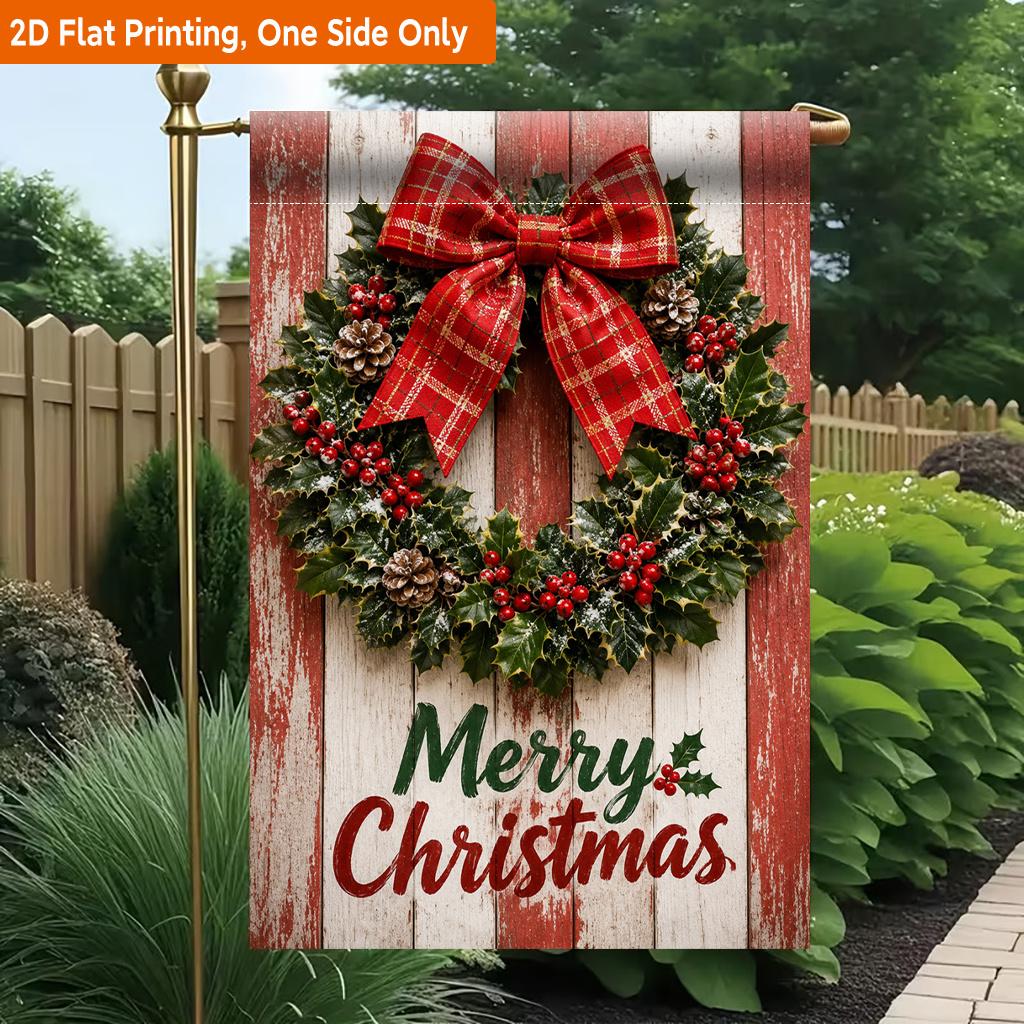 2D Flat - 2D Flat Printing Garden Flag 1pc, Christmas Wreath with Bow Durable Single-Sided Print Yard Flag, Garden And Home Holiday Decoration, 29.97X