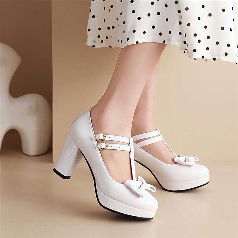 Women Mary Jane Shoes Lolita High Heels Bow T-Strap Platform Pumps Thick Heels Shoes Princess Wedding Party Shoes Plus Size33-46