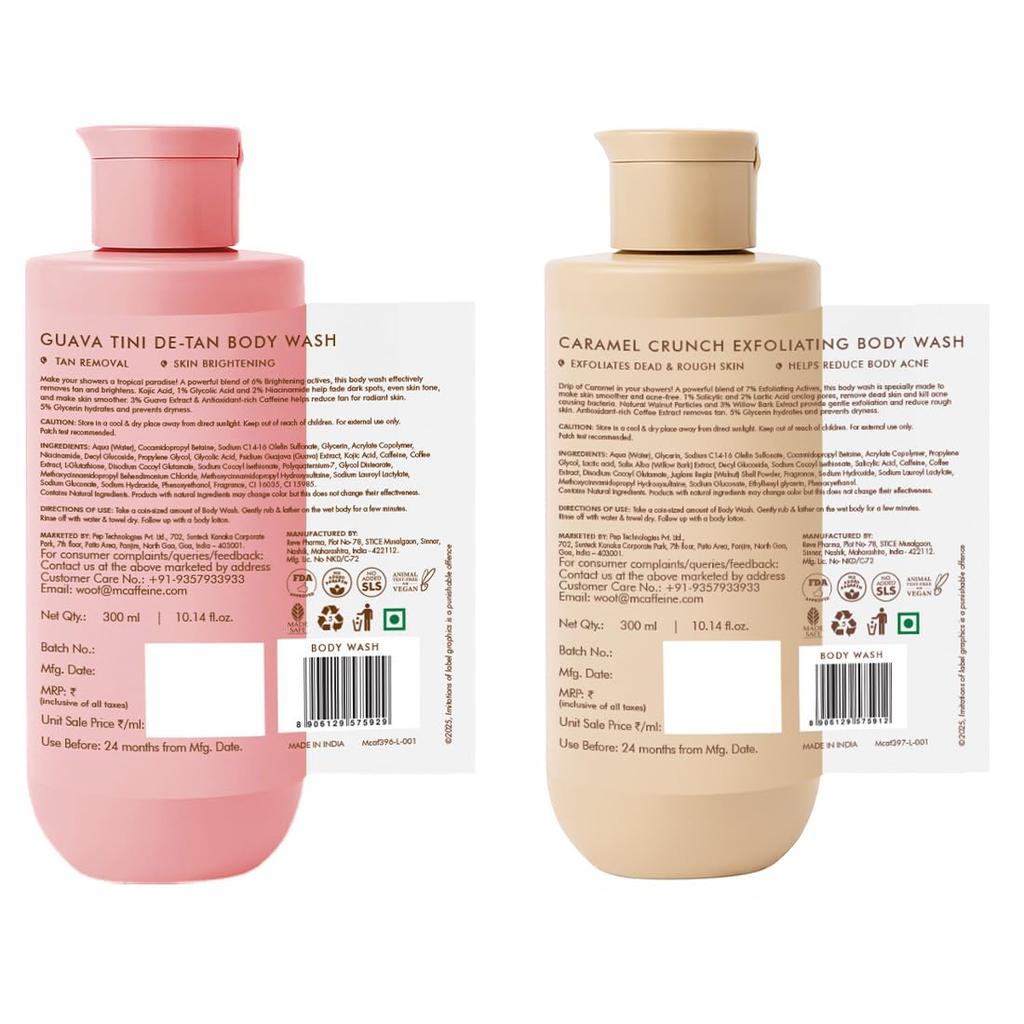 mCaffeine De-Tan & Exfoliating Body Wash Set of 2 | Guava & Caramel 300 ml Each | Brighten Skin & Smooth Body Texture