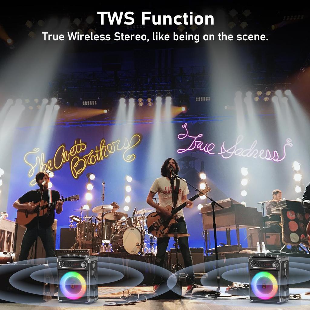 Karaoke-Maschine mit zwei drahtlosen Mikrofonen, tragbarer Bluetooth-Lautsprecher mit Bass-/Höhenregelung, PA-System mit Fernbedienung