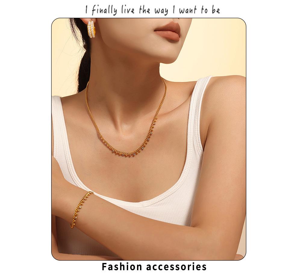 18K Gold-Plated Titanium Steel Necklace & Bracelet Set with Round Bead Spacer & Diamond Tassel