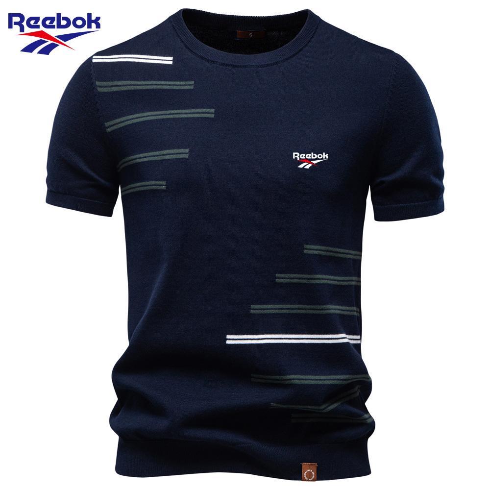 Reebok 2026 Лето Новый Стиль Вышитая Хлопковая Мужская Футболка с Коротким Рукавом Шерстяная Повседневная Футболка с Круглым Вырезом Вязаная Футболка S темно-синий