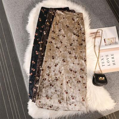 Half Length Skirt Autumn and Winter Women's Skirt Retro Gold Velvet Printed Women's Long Skirt