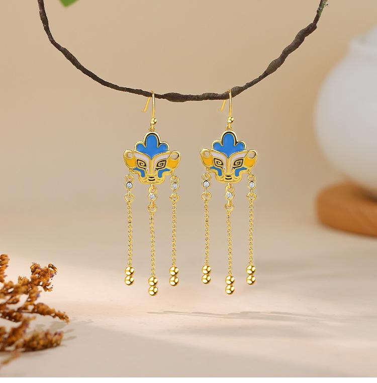 Museum Inspired 925 Sterling Silver Sanxingdui Mask Tassel Earrings