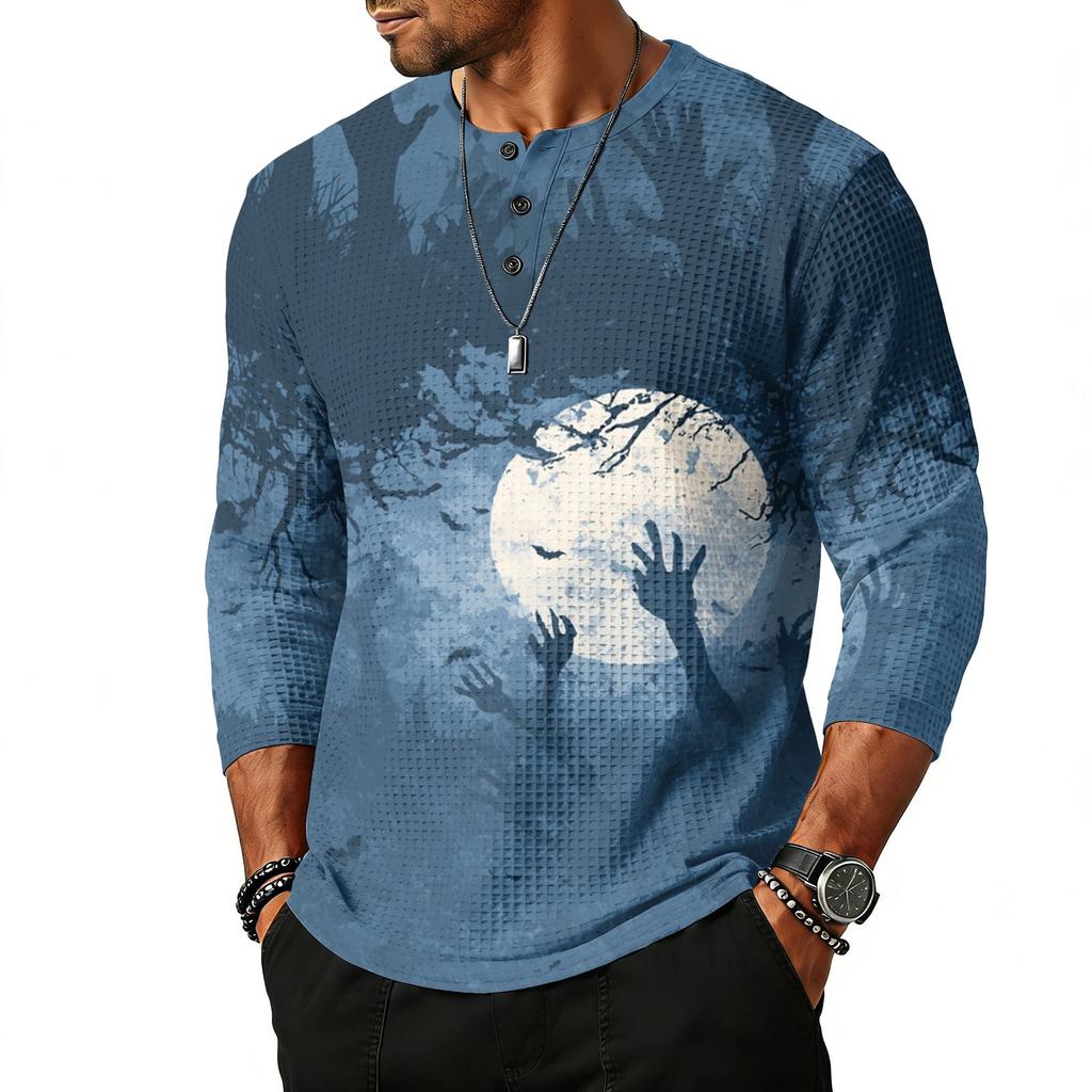 Men's Casual Halloween Print Henley Shirt Three Quarter Sleeve Crew Neck Loose Fit Top for Everyday Wear