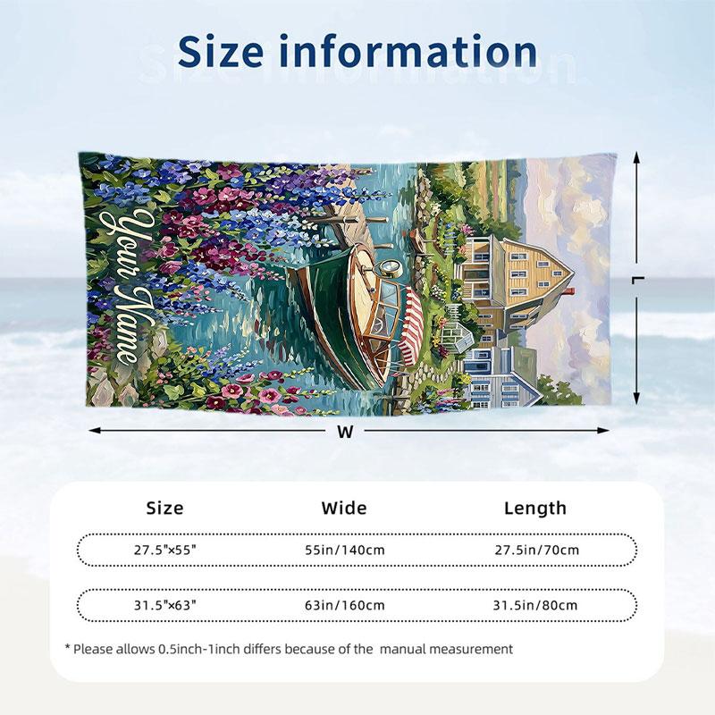 Blue White Floral 1 Theme Quick Dry Beach Towel Custom Name Text Print Large Sand Resistant Towel Beach Vacation