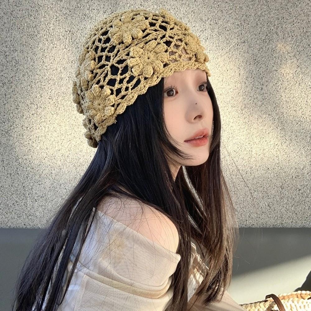 Hollow Crochet Flower Hat Handmade Beanies Cap Casual Knit Basin Caps  Ladies