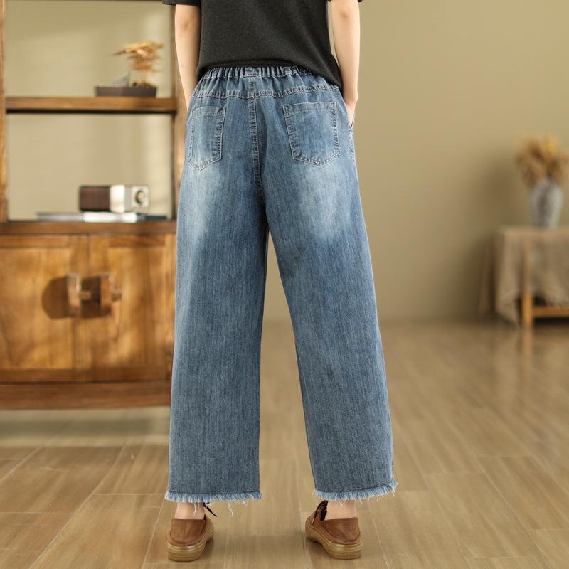 Women Jeans Denim Crop Harem Pants Embroidered Wide Leg Jeans