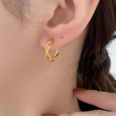 French Retro Gold-Plated Twisted Hoop Earrings - Titanium Steel Studs for Women, European-American Fashion.