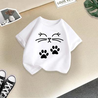 2025 Summer New Cute Cat Animal Print Candy Color Round Neck Short Sleeved Baby Girl Summer Clothes Trendy Children's T-shirt