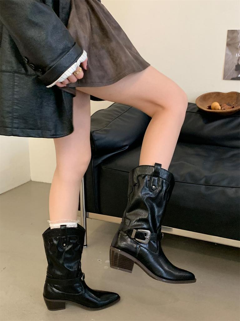 Retro belt buckle medium tube knight boots women's 2025 autumn and winter new square head thick heel thin western cowboy boots