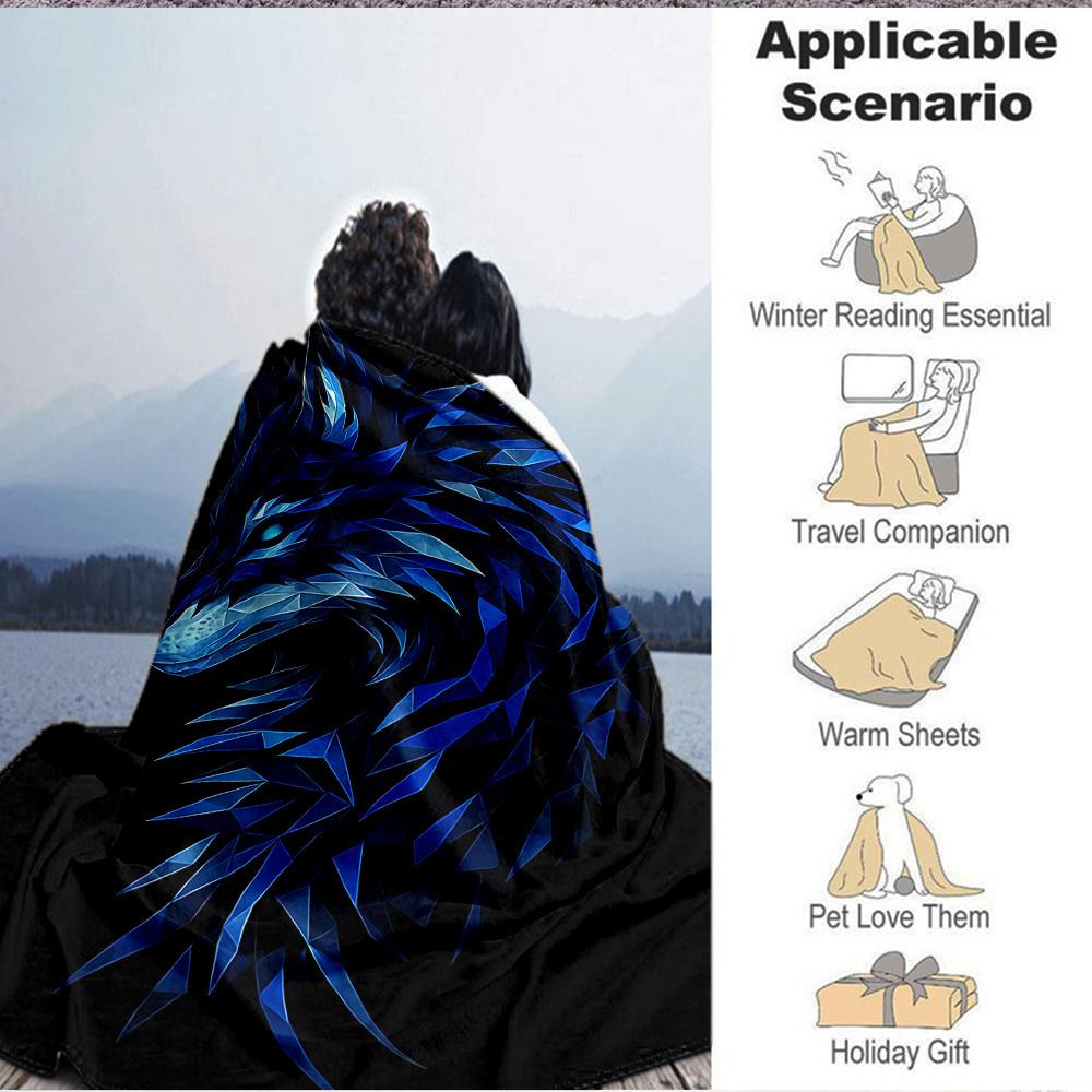 1pc Blue Wolf Head Soft & Warm Polyester Knit Blanket, Digital Printed, All-Season Throw for Napping, Traveling, Sofa yy250906030